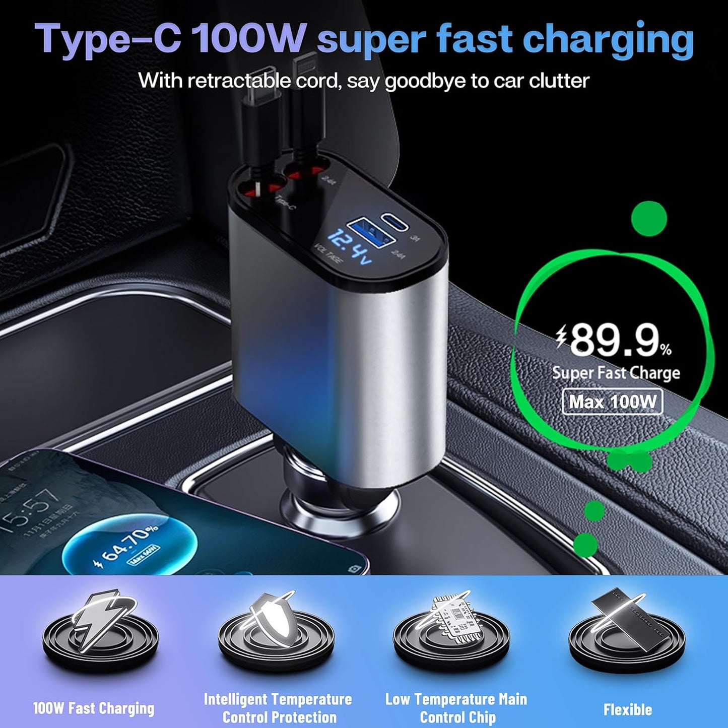 4 in 1 Retractable Car Adapter Fast Charger for iPhone and Type C