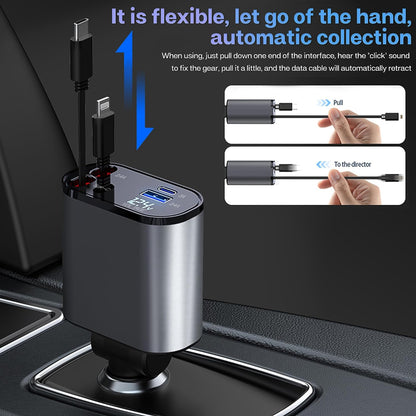 4 in 1 Retractable Car Adapter Fast Charger for iPhone and Type C