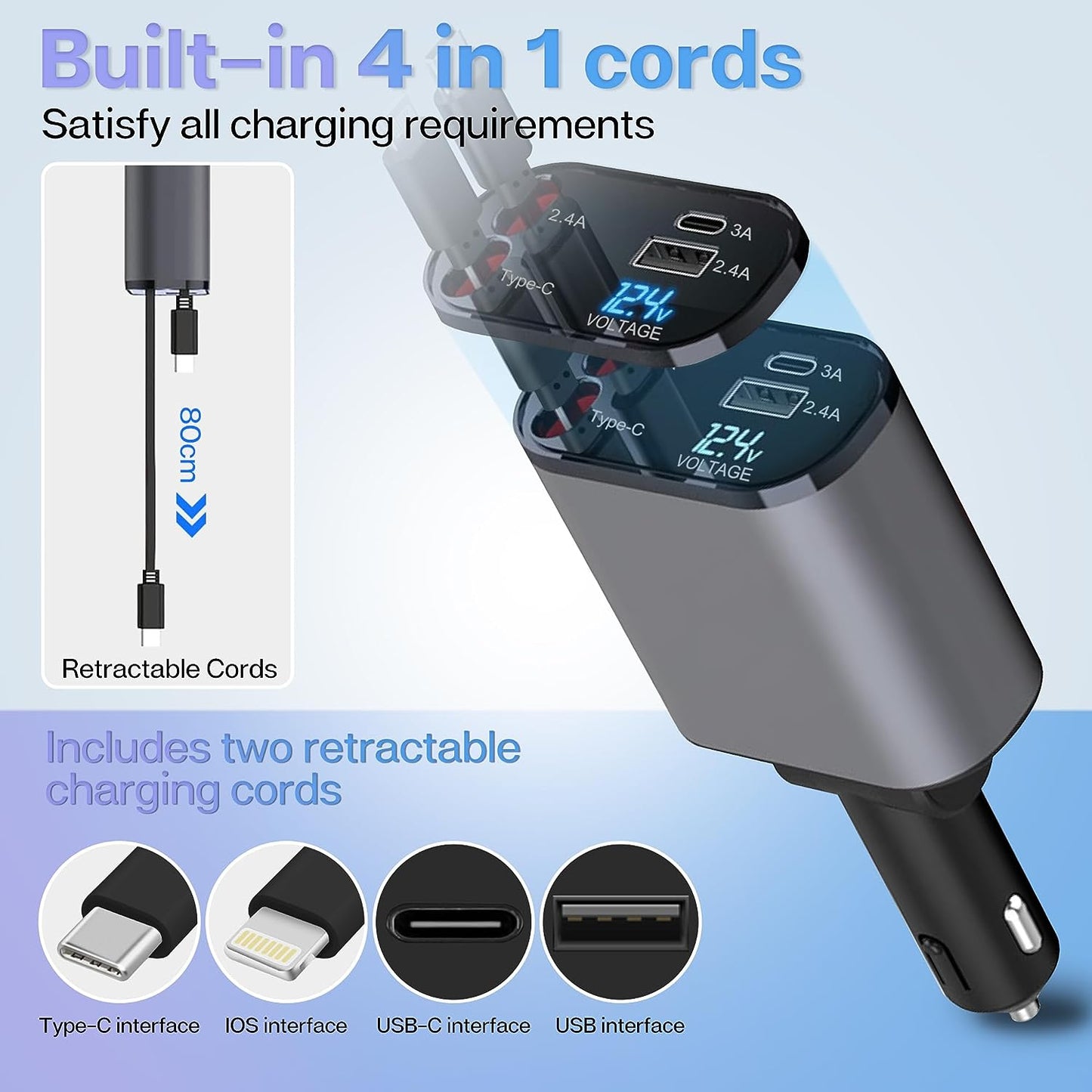 4 in 1 Retractable Car Adapter Fast Charger for iPhone and Type C